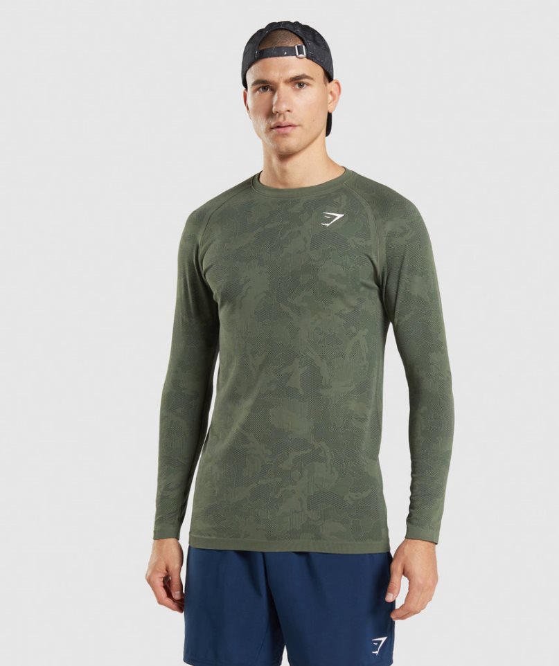 Men\'s Gymshark Geo Seamless Long Sleeve T-Shirts Olive | NZ 8UXHJZ